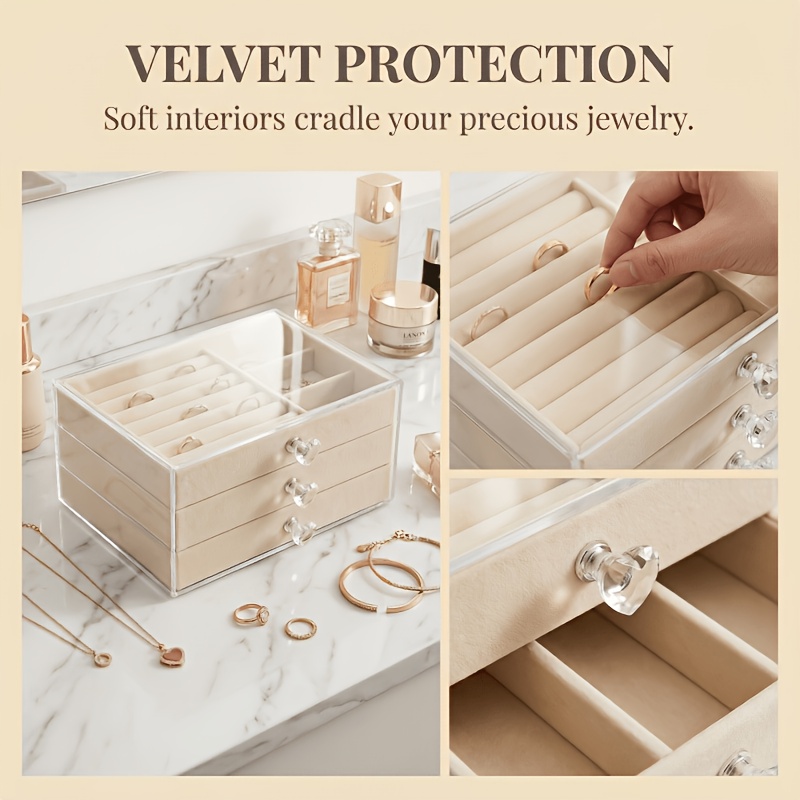 JPEK 3-Layer Velvet Jewelry Storage Box for Rings and Necklaces